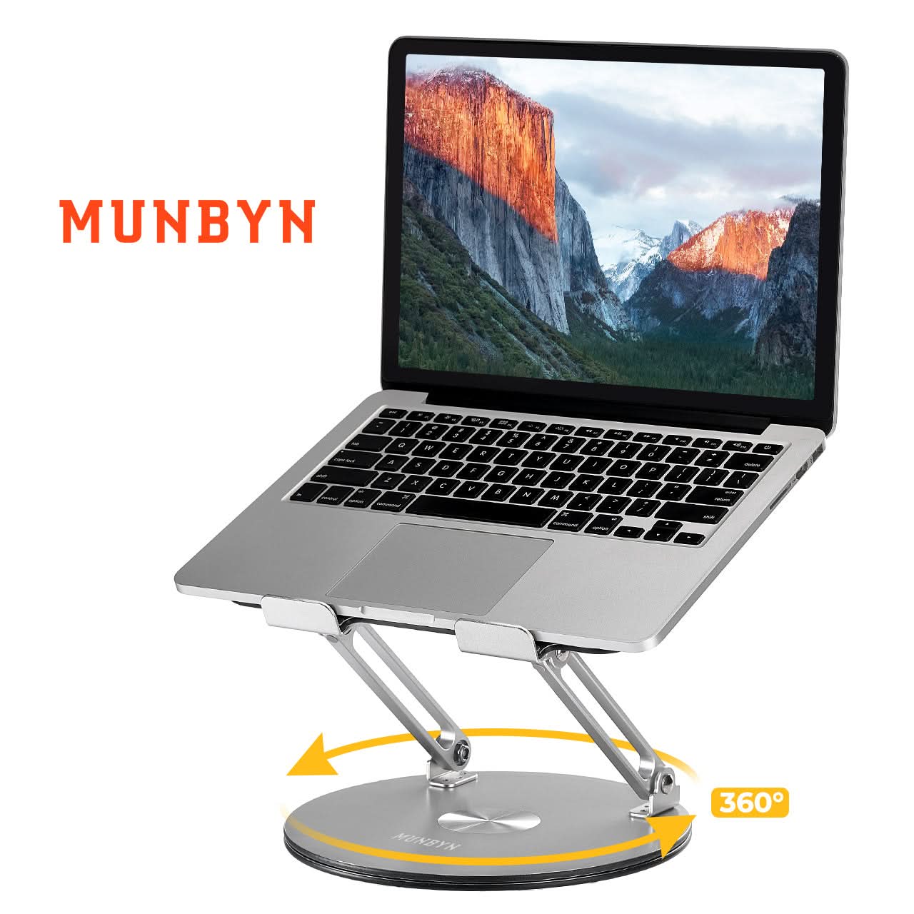 MUNBYN 360° rotating laptop stand with adjustable height and ergonomic design for comfortable workspace setup.