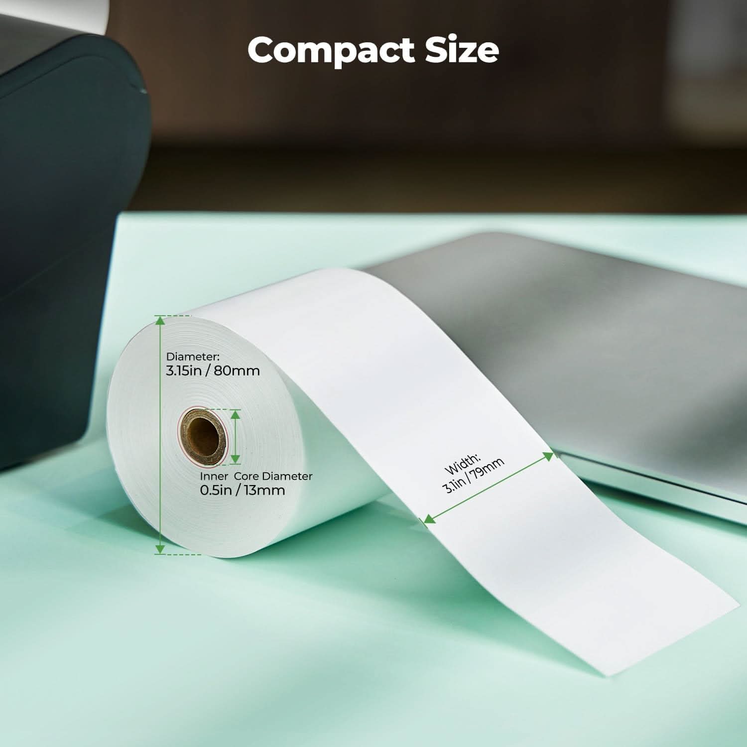 MUNBYN thermal receipt paper roll, blank white receipt paper for point-of-sale printers, 2-inch width, ready for printing transactions.