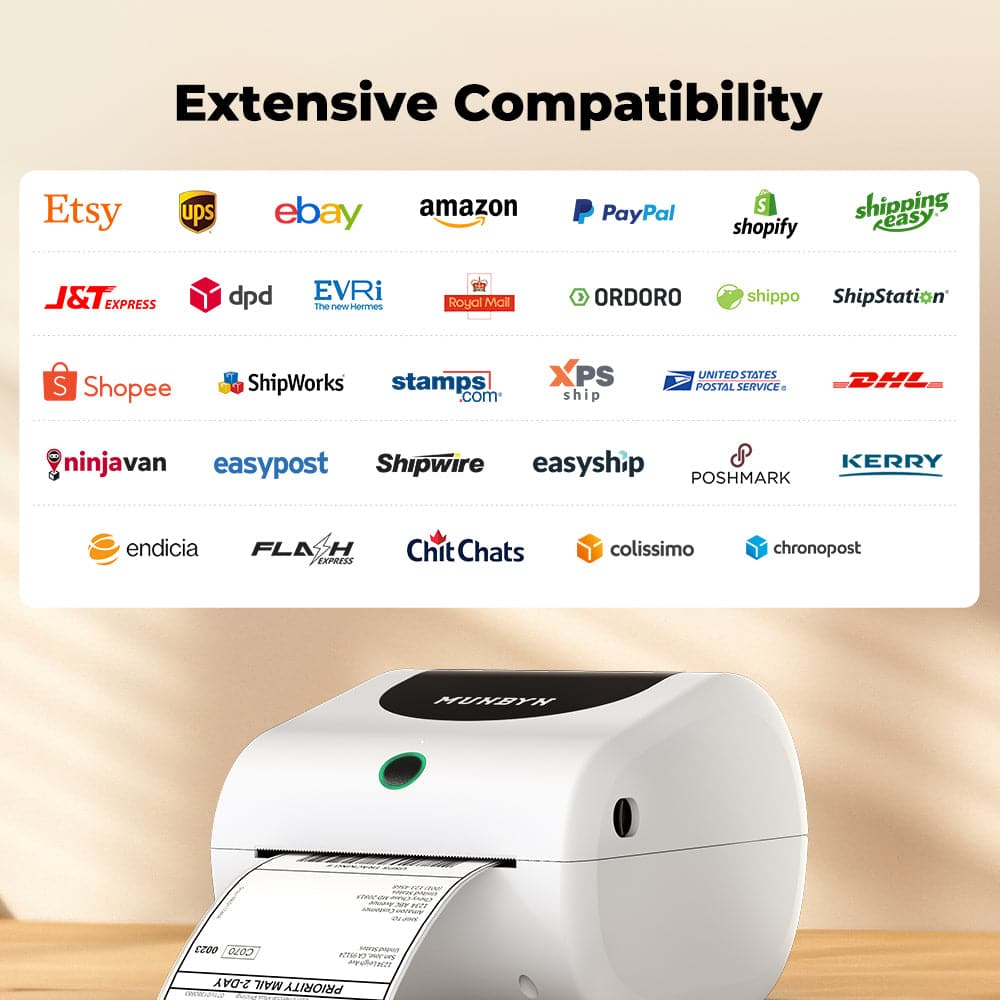 MUNBYN RW411B Bluetooth thermal label printer printing a label with black text on white paper.