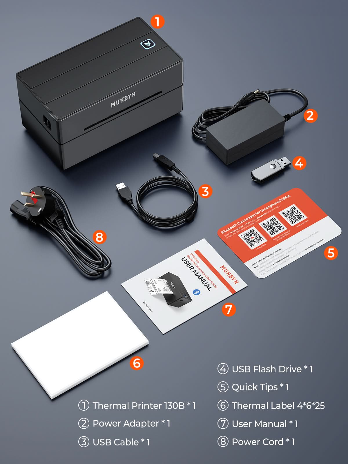 MUNBYN RealWriter 130B thermal label printer kit with black printer and accessories, ideal for shipping and label printing.
