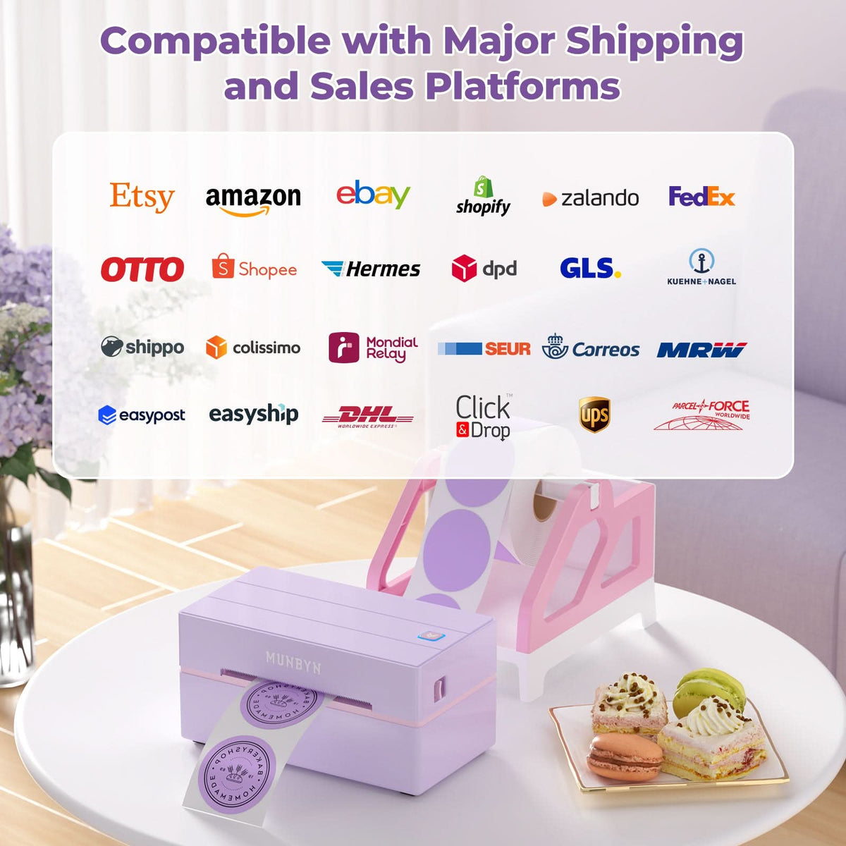 MUNBYN RealWriter 130B thermal label printer kit with printer, power cable, and accessories for shipping and labeling.