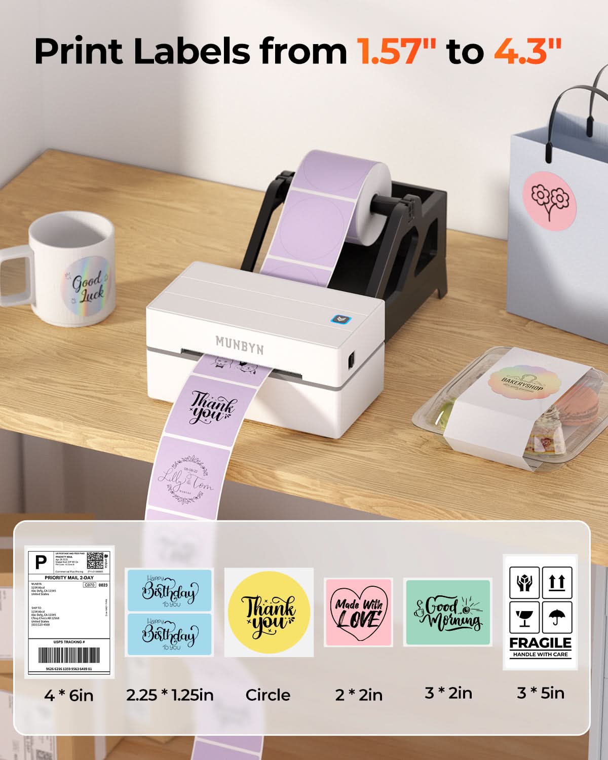 MUNBYN RealWriter 130B thermal label printer kit with black and white printer and accessories for efficient label printing.