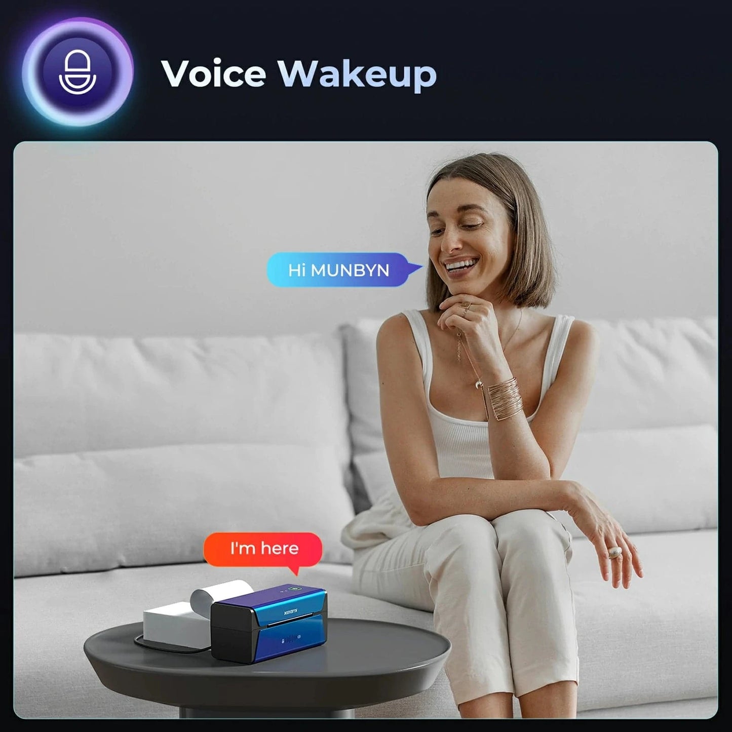 It utilizes WiFi for faster transfers and supports voice-activated wake-up calls to the printer.