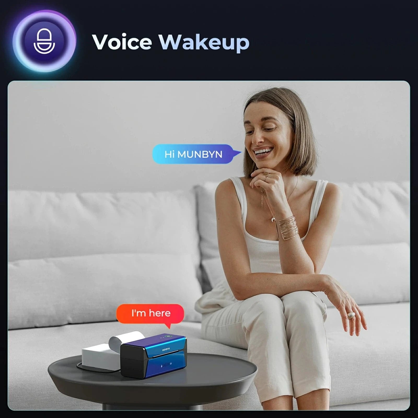 It utilizes WiFi for faster transfers and supports voice-activated wake-up calls to the printer.