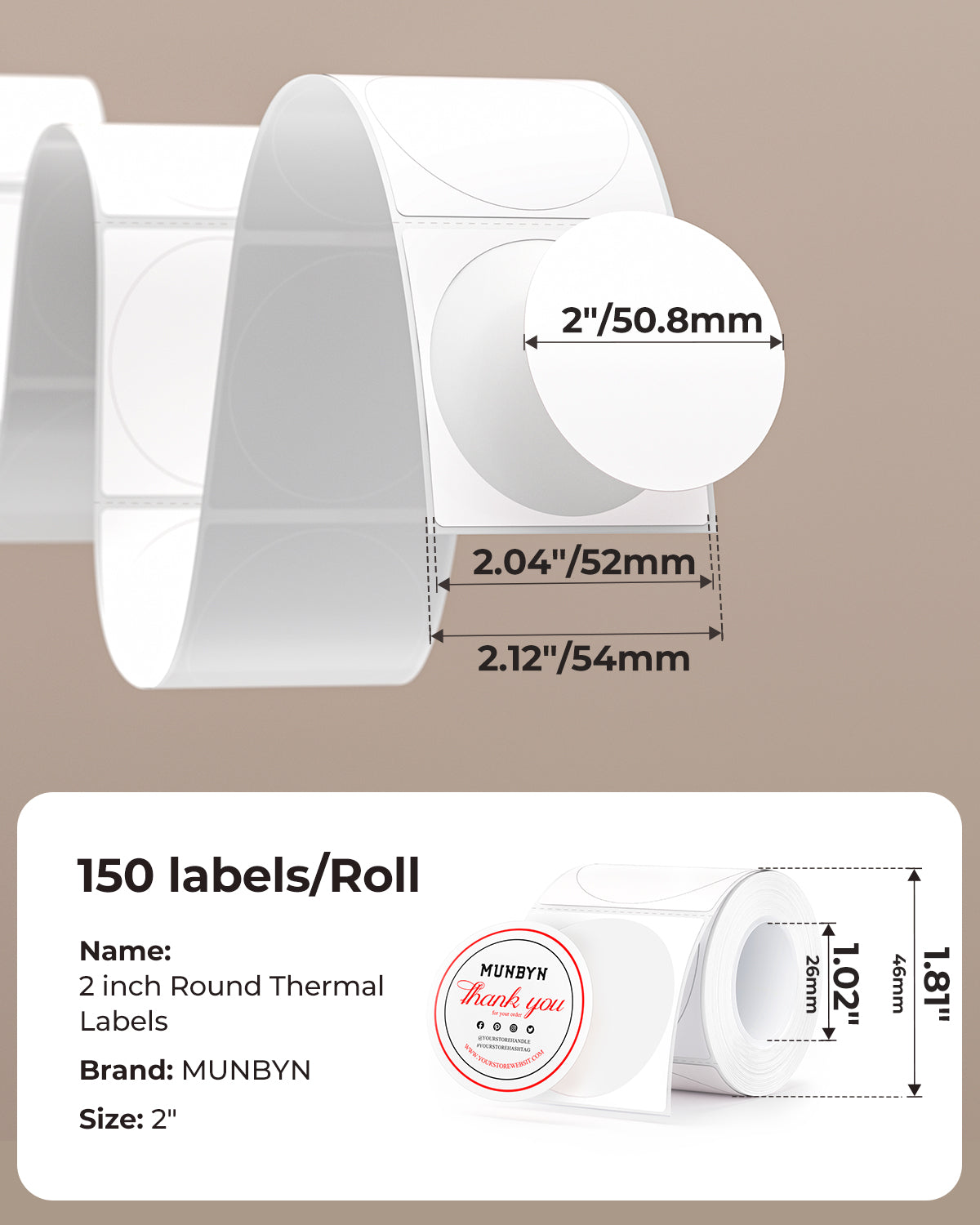 MUNBYN 2" Round Dual Color Red&Black Thermal Labels 150/Roll