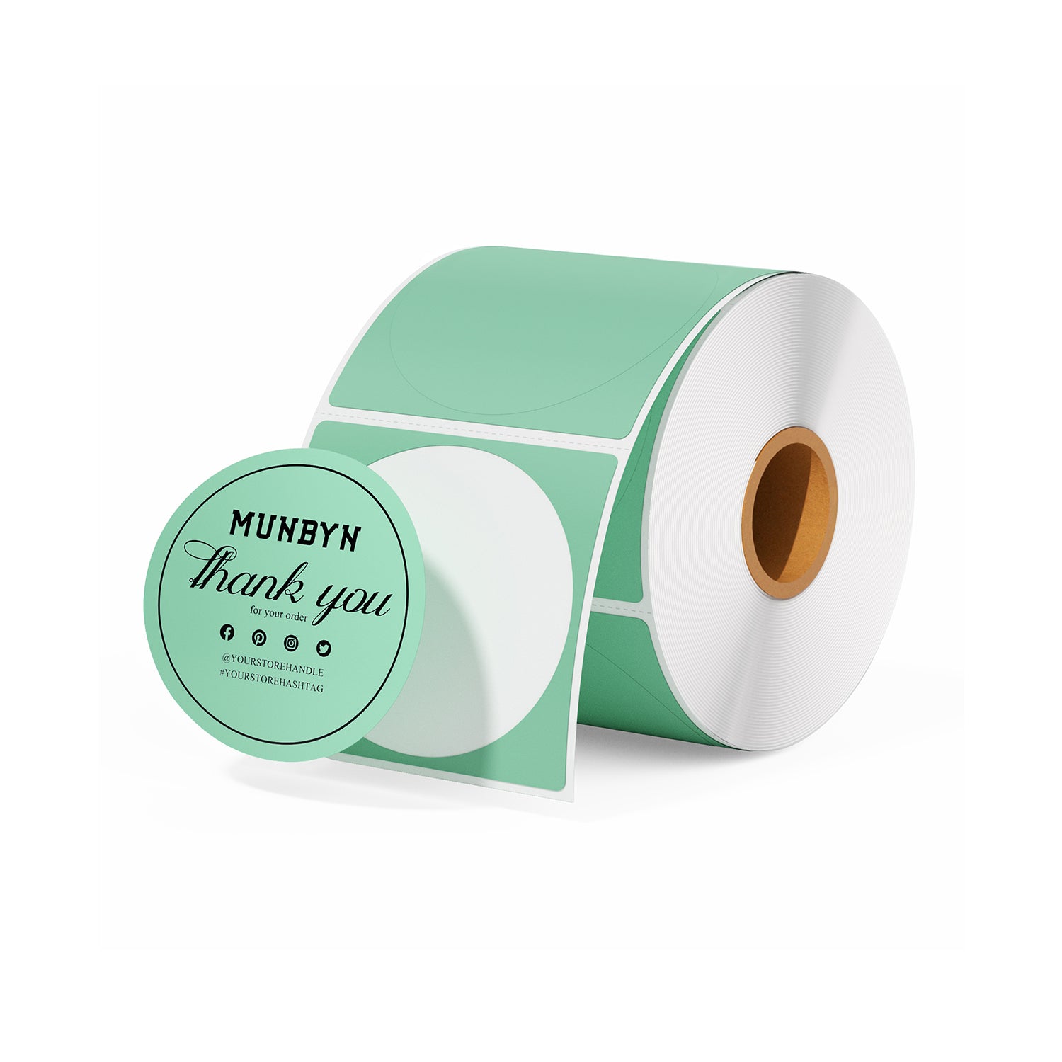Green 2-inch circle labels printed on MUNBYN label printer paper, showing vibrant color and clean circular design.