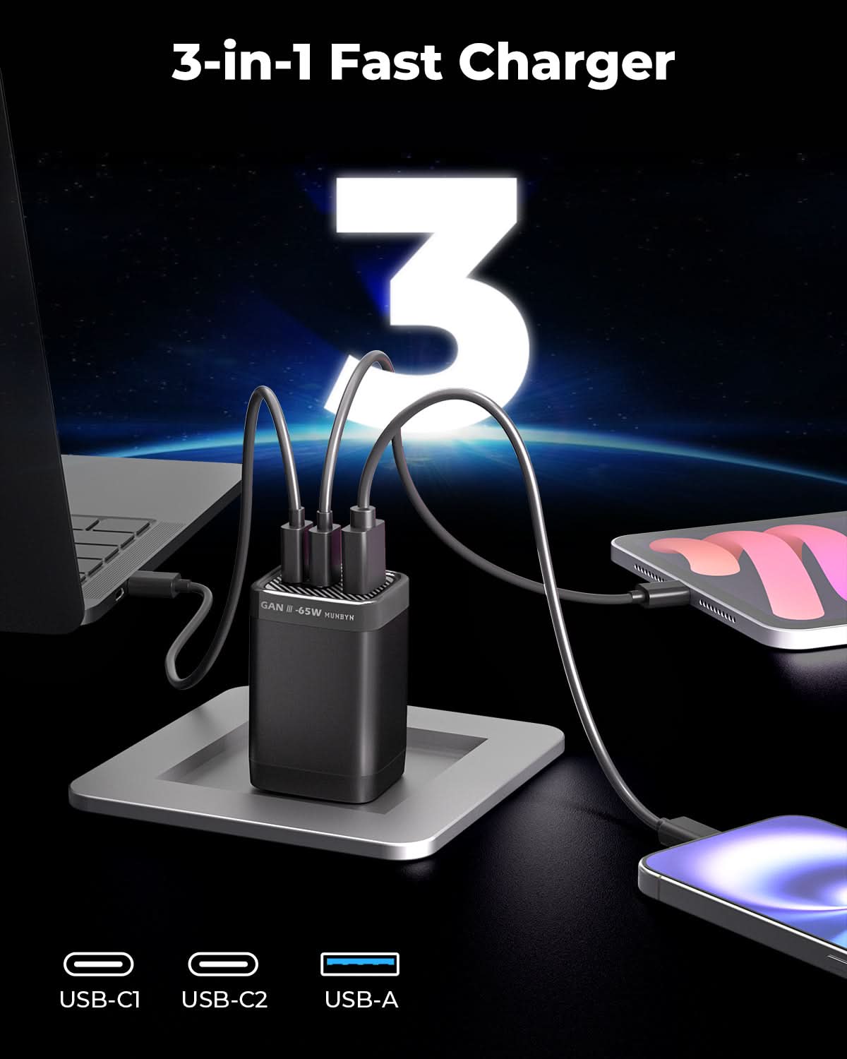 MUNBYN NexGo™ 65W GaN III 3-Port USB C Charger Block