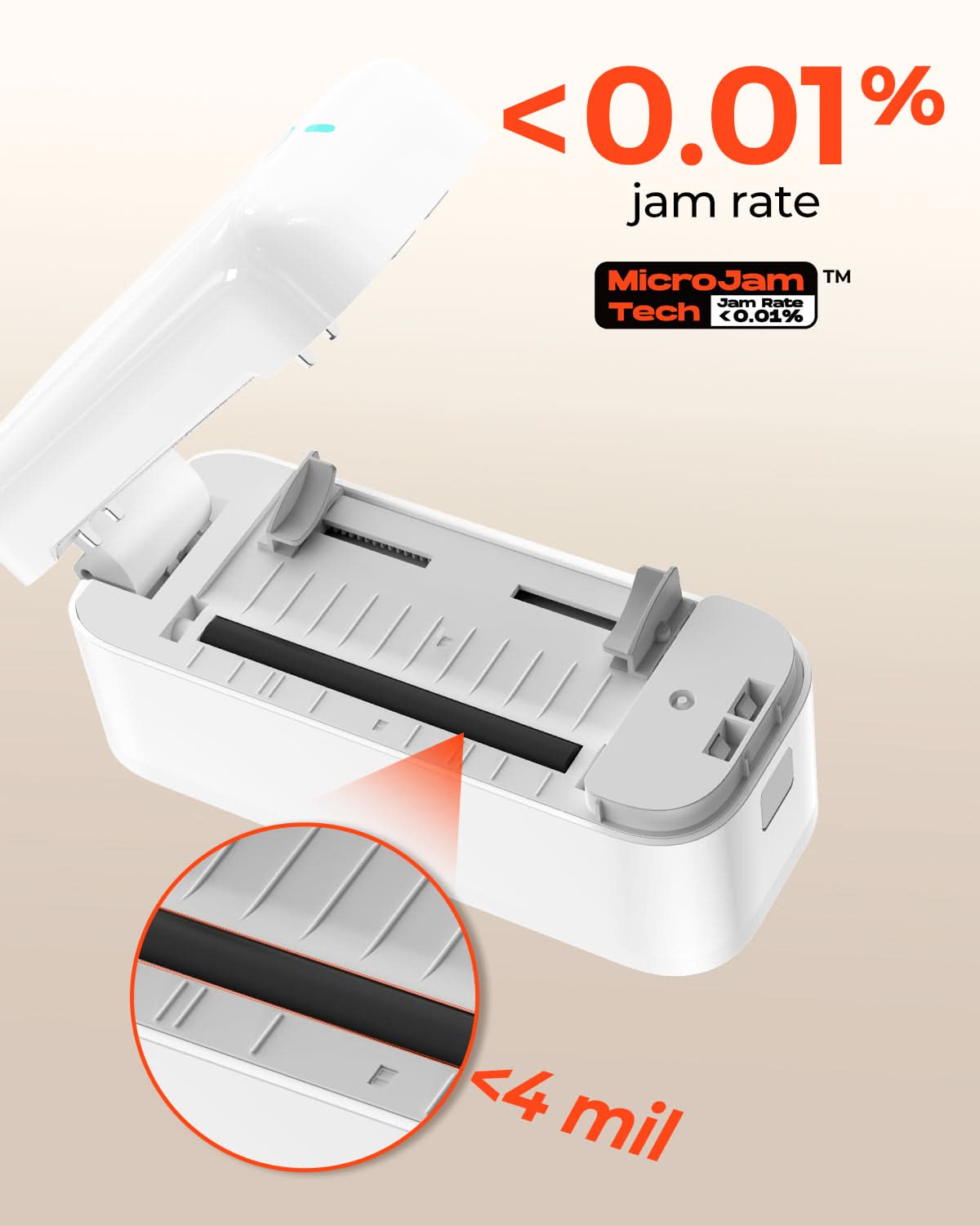 Open thermal label printer with highlighted jam-resistant tech and less than 0.01% jam rate.