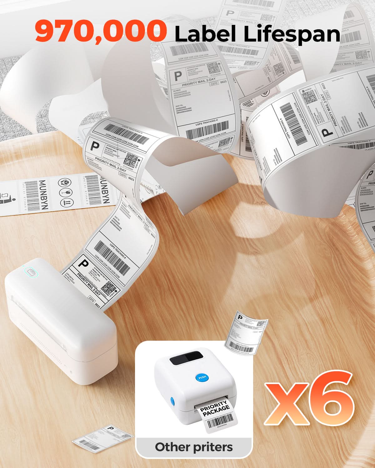 Thermal label printer with shipping labels, highlights 970,000 label lifespan compared to other printers.
