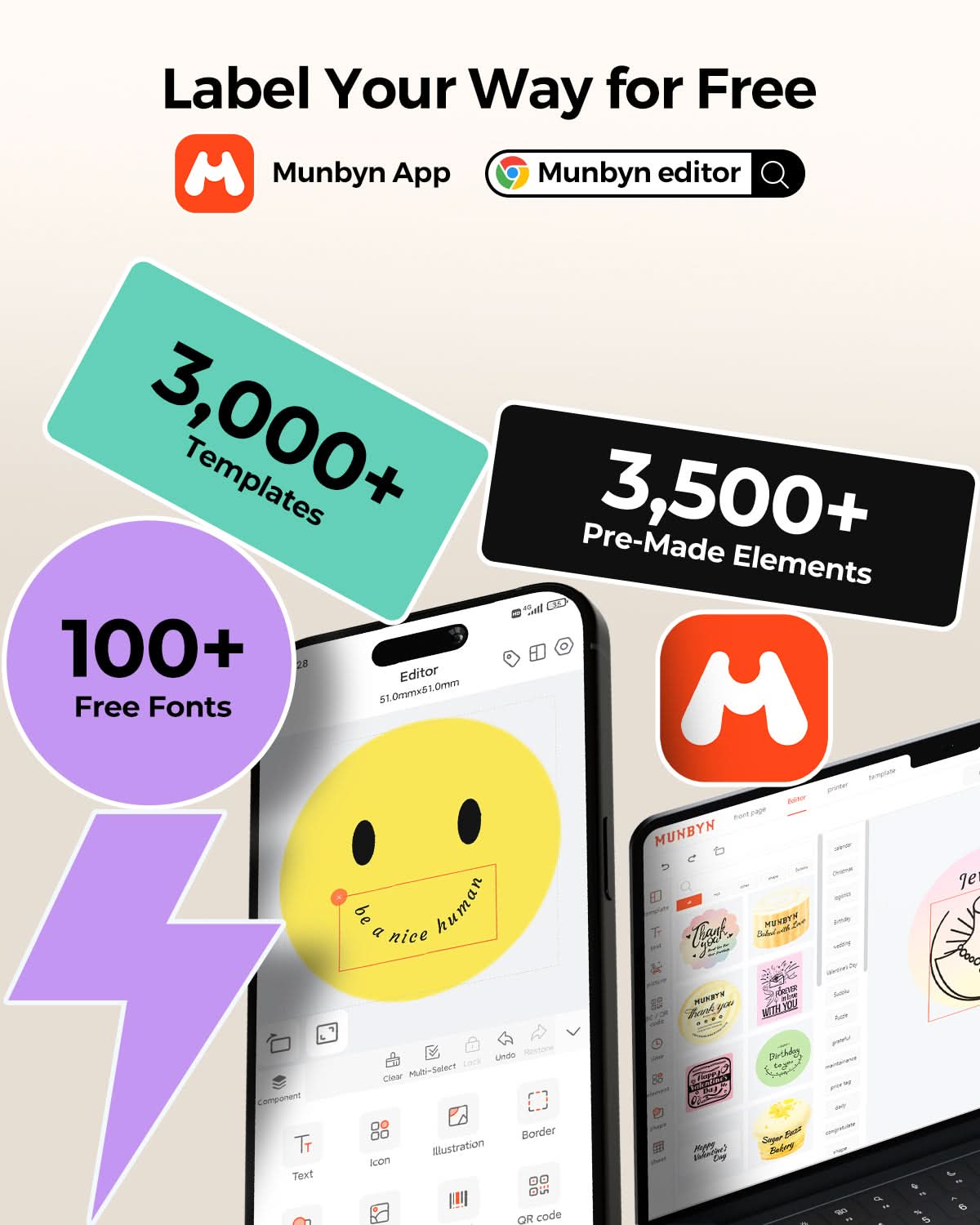Label design app on phone and laptop showing templates, fonts, and editing features.