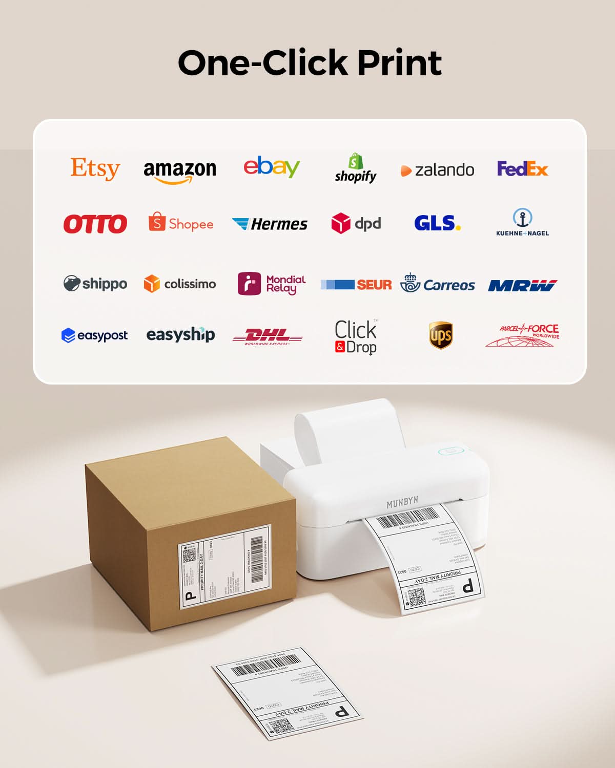 Thermal label printer printing shipping label for cardboard package, logos of major shipping and ecommerce platforms above.