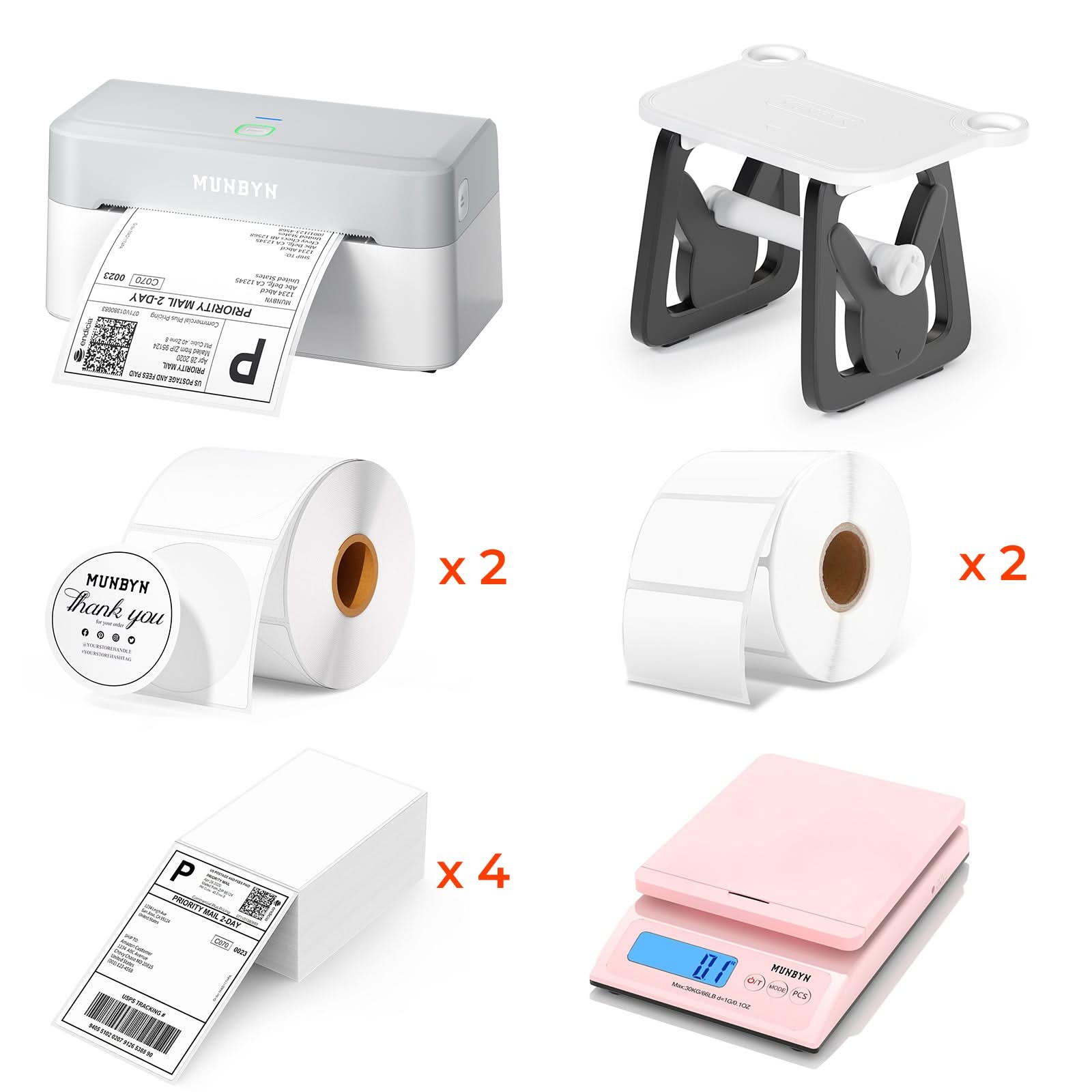 MUNBYN RealWriter 403B thermal label printer kit, including printer and accessories, for efficient label printing.