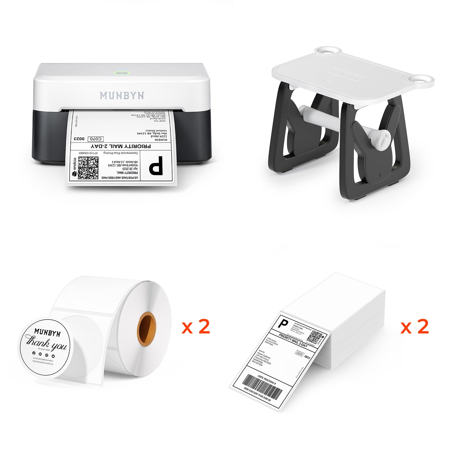 MUNBYN RealWriter 403B thermal label printer kit with printer, power adapter, and accessories for barcode and shipping labels.