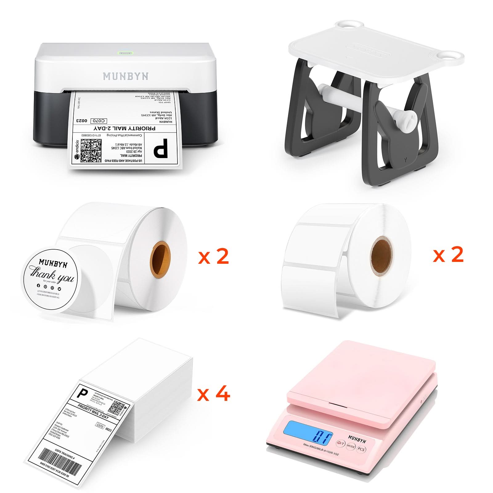 MUNBYN RealWriter 403B thermal label printer kit with printer, power cord, and accessories on a white background.