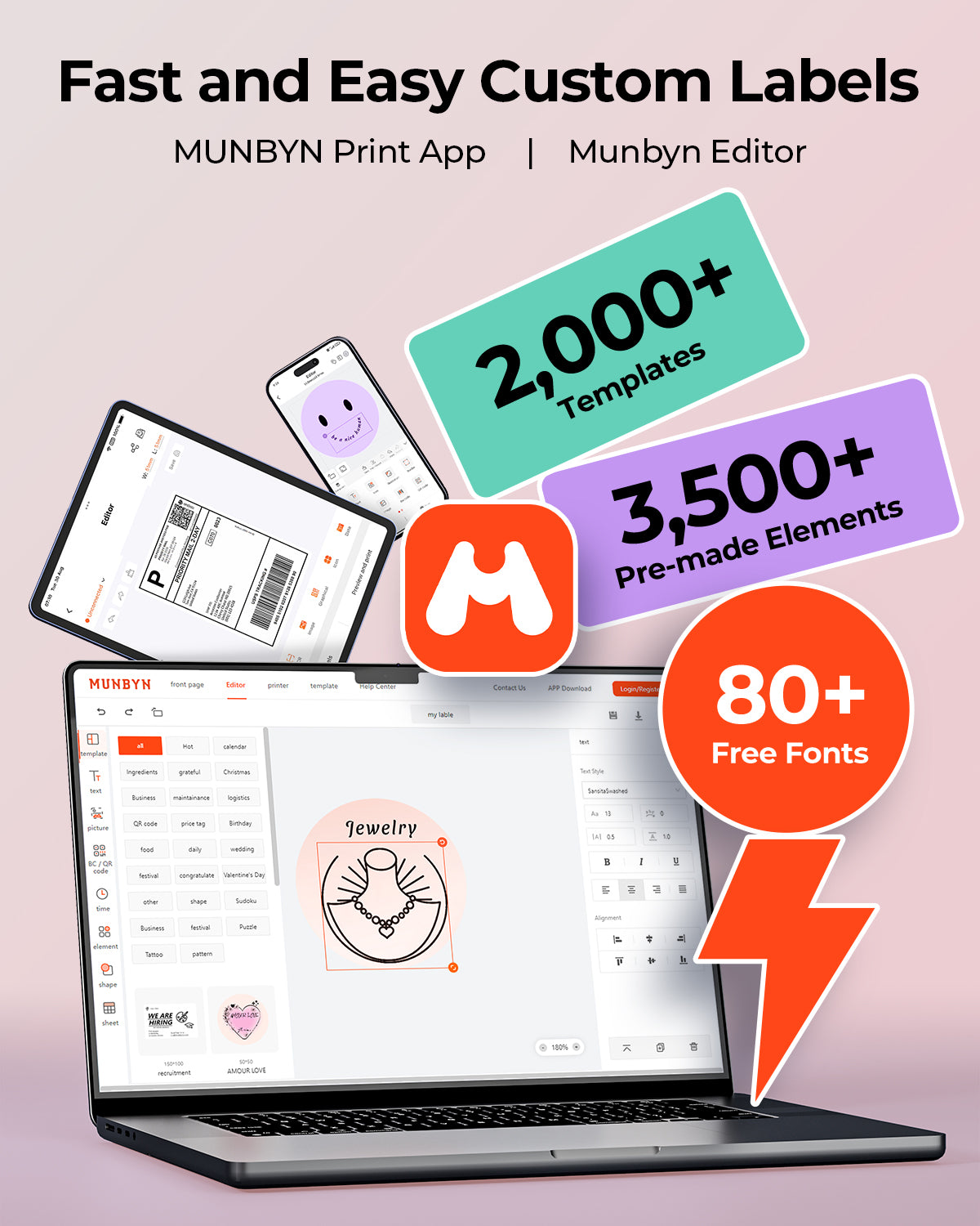 MUNBYN RealWriter 403B thermal label printer with pink finish
