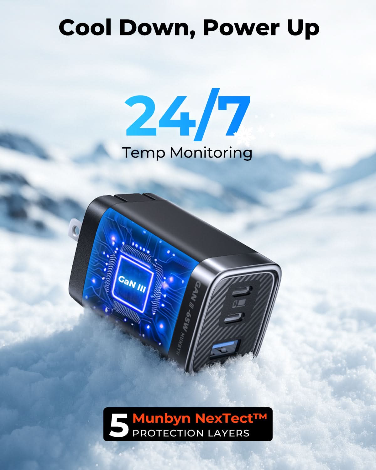 MUNBYN NexGo™ 65W GaN III 3-Port USB C Charger Block
