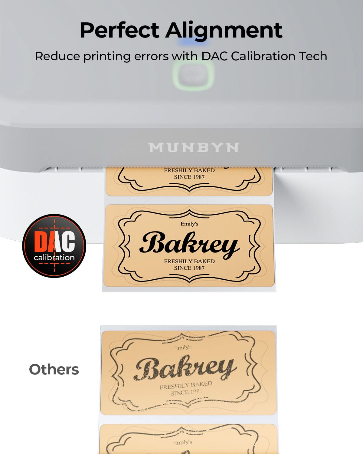 MUNBYN RealWriter 403B thermal label printer with paper roll, showing the front and paper output area for shipping labels.