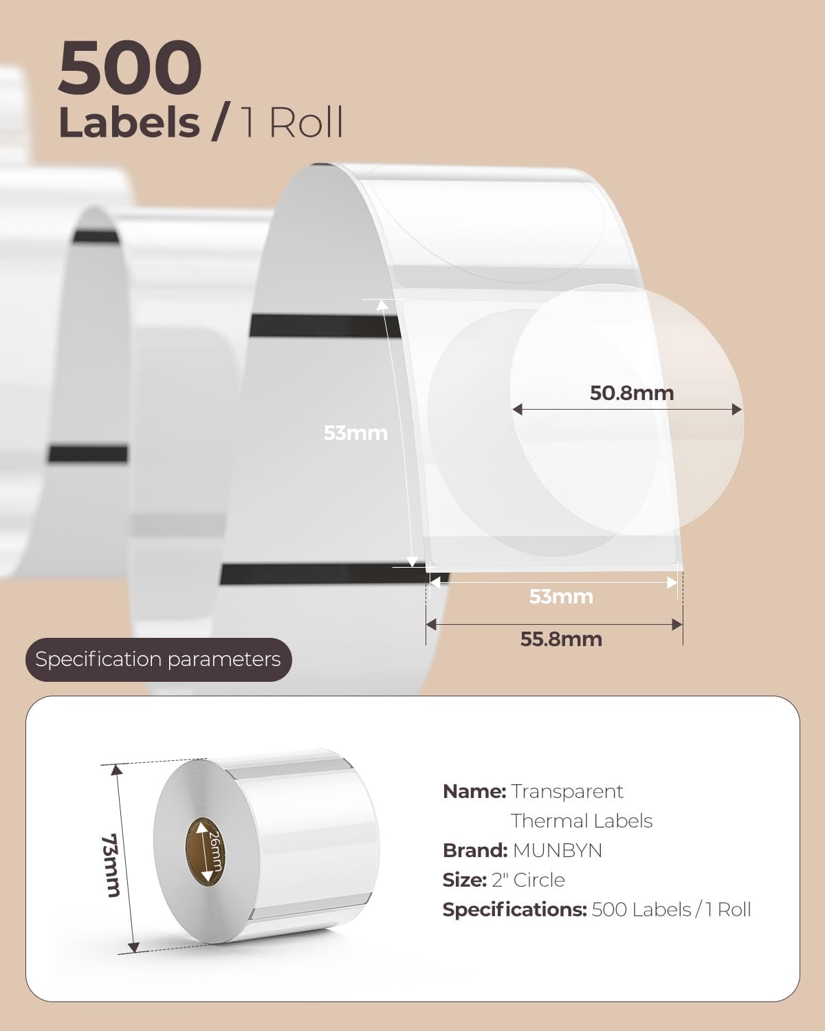 Two-inch gold labels printed on MUNBYN label printer paper, showcasing shiny gold adhesive labels for packaging or branding.
