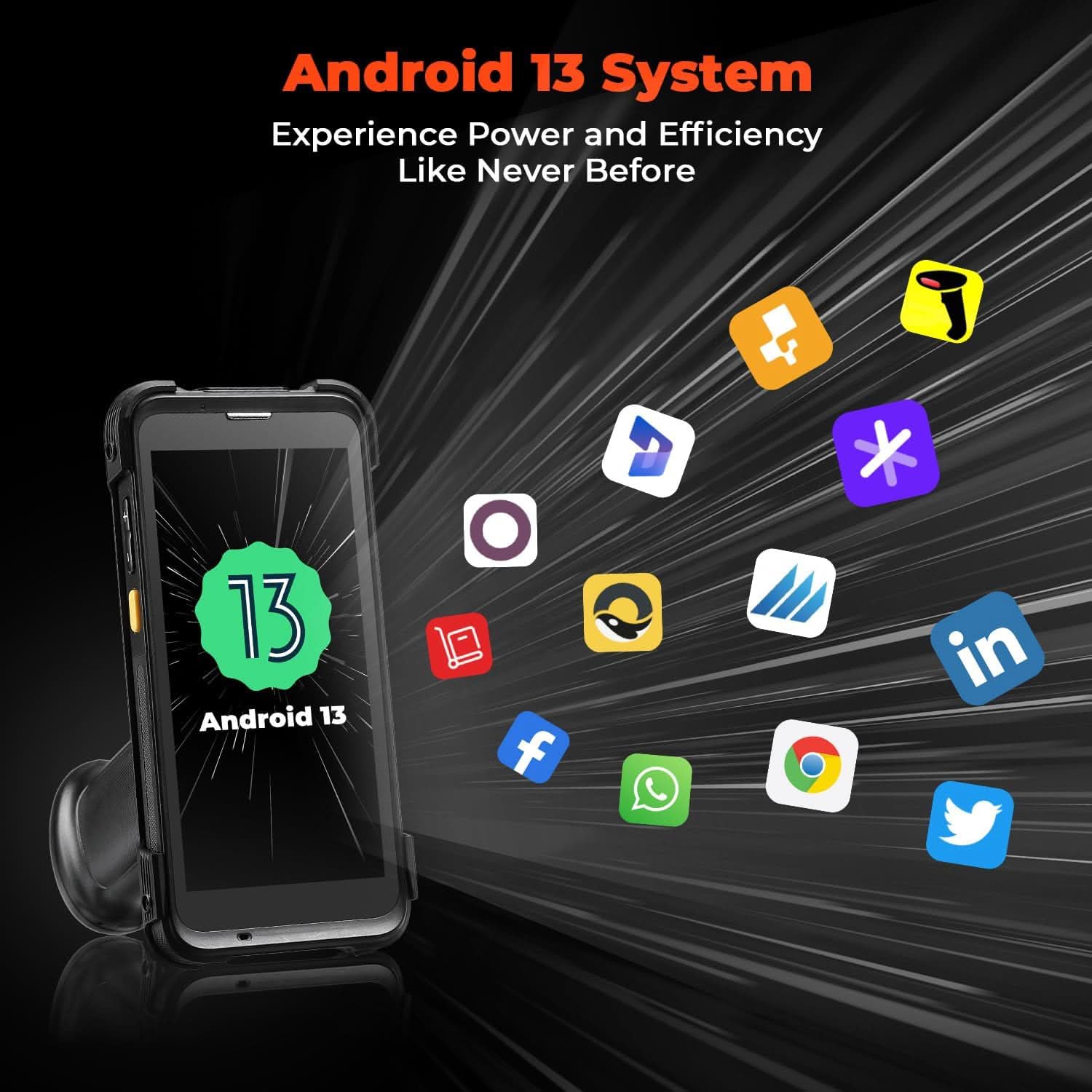 MUNBYN IPDA101P-LR Android barcode scanner with ergonomic design and scan button, shown on a white background.
