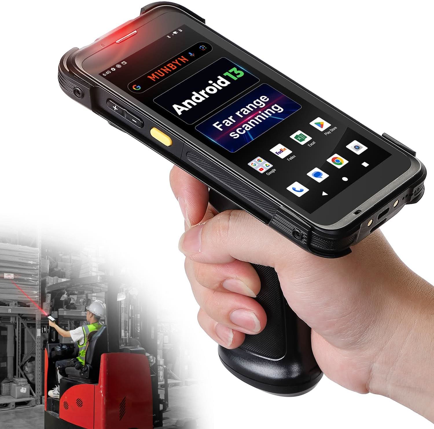 MUNBYN IPDA101P-LR Android barcode scanner with ergonomic design and scanning window, shown in a close-up image.