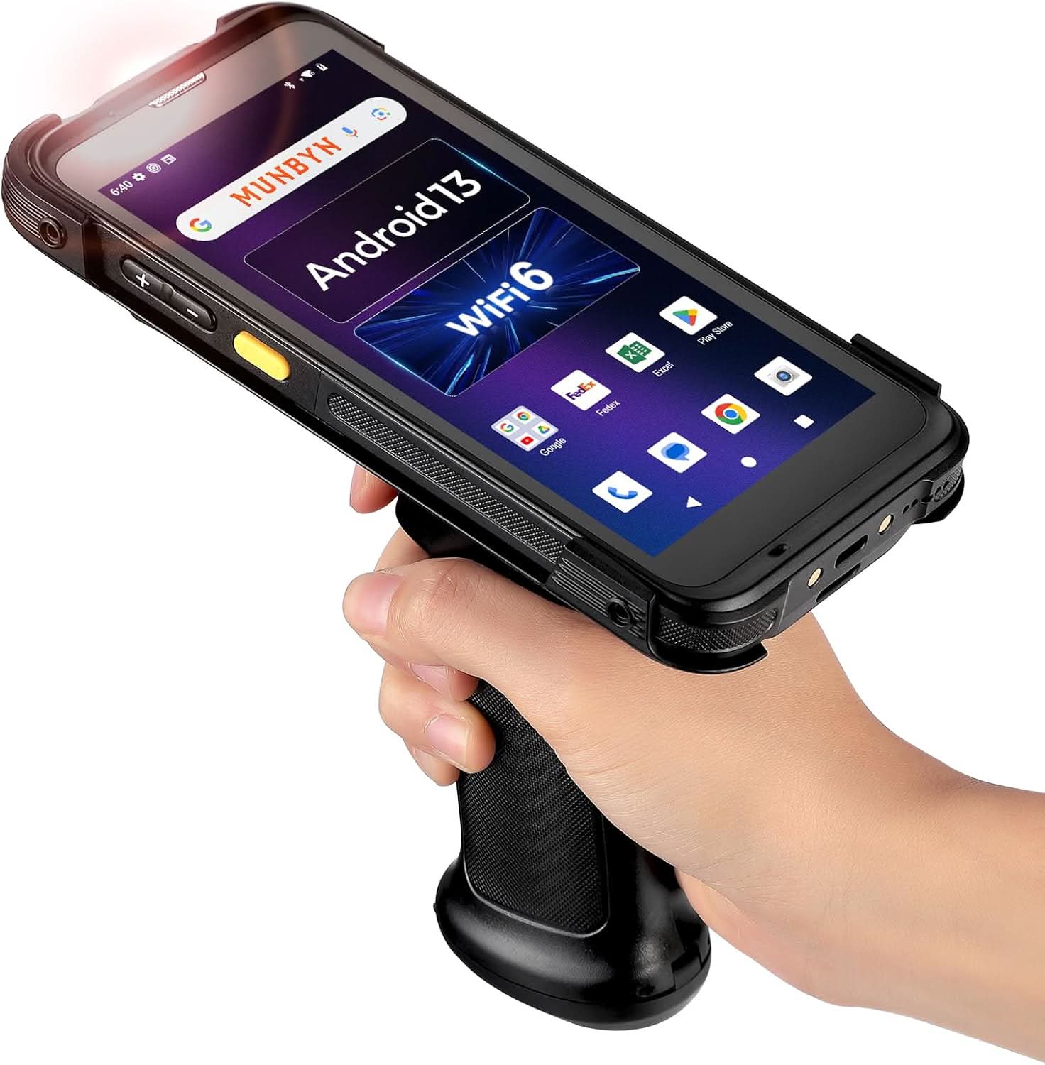 MUNBYN IPDA101P Android barcode scanner with ergonomic design and scanning window, ideal for retail and inventory tasks.