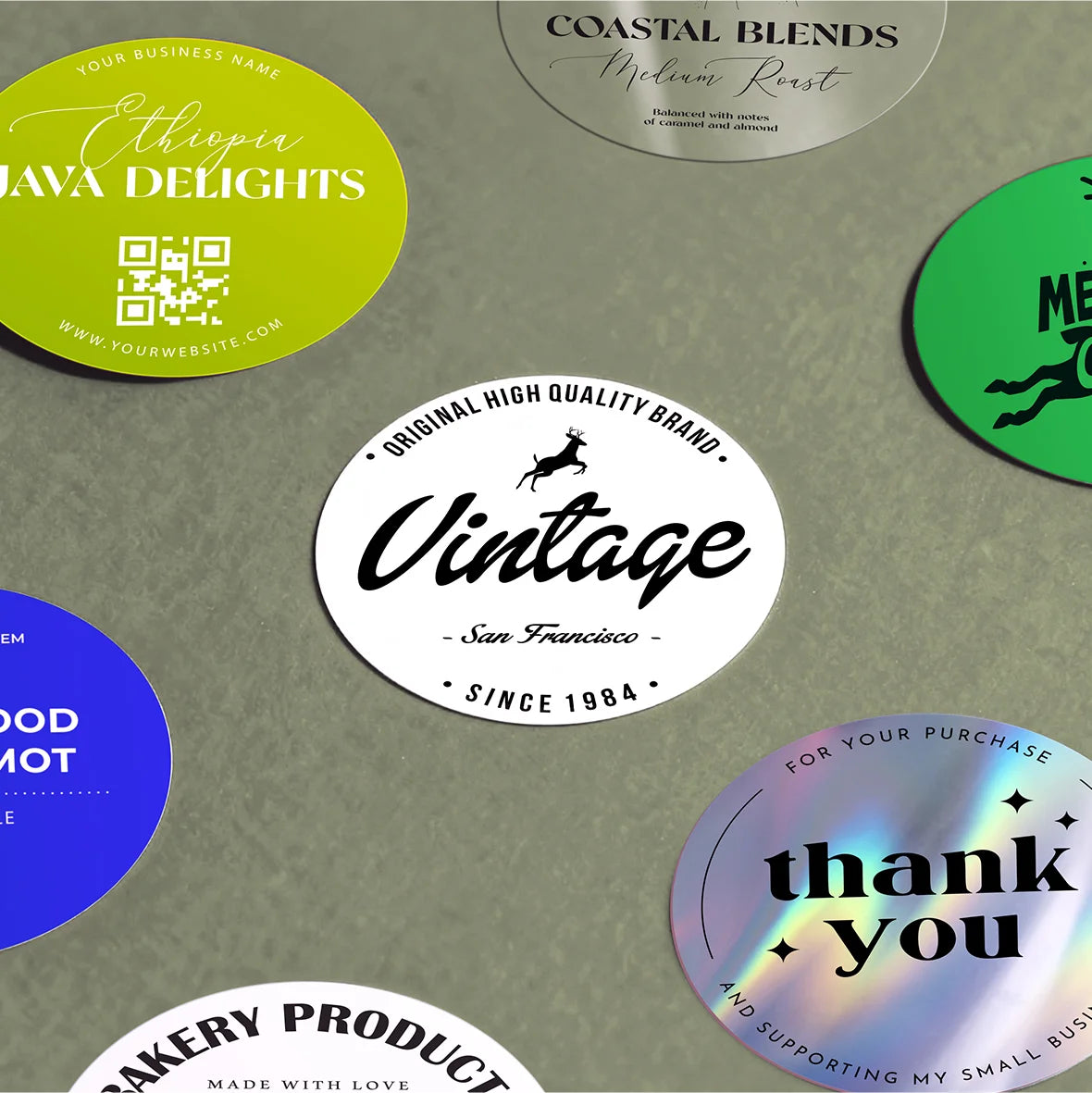 Collection of various MUNBYN round stickers with different designs and text on a gray background.