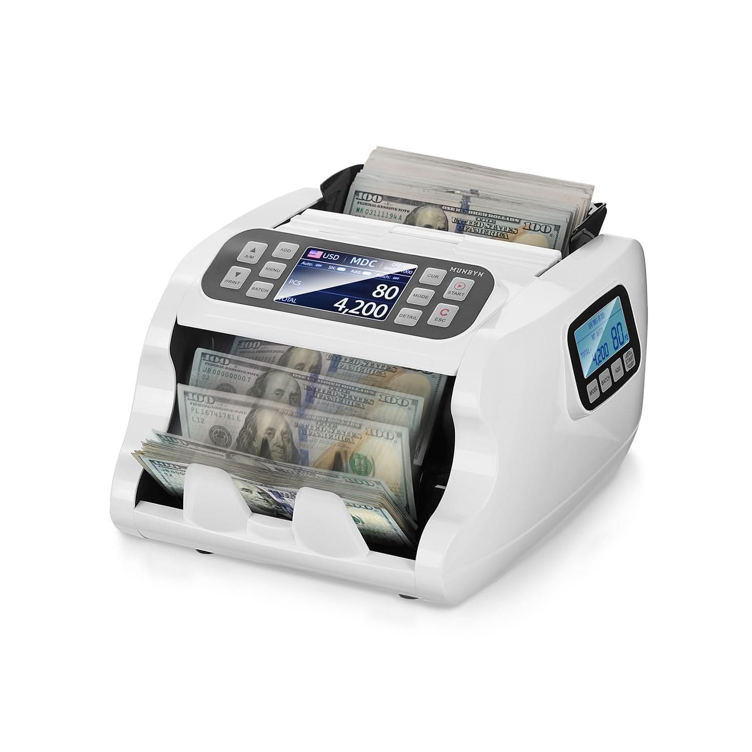 MUNBYN IMC22 money counter machine counting banknotes, white compact currency counting device with digital display