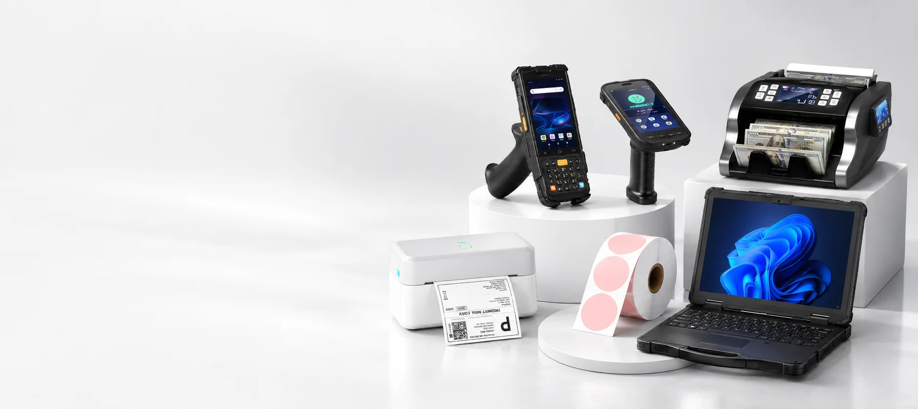 Collection of Munbyn electronic devices including a rugged laptop, rugged tablet, and thermal label printer