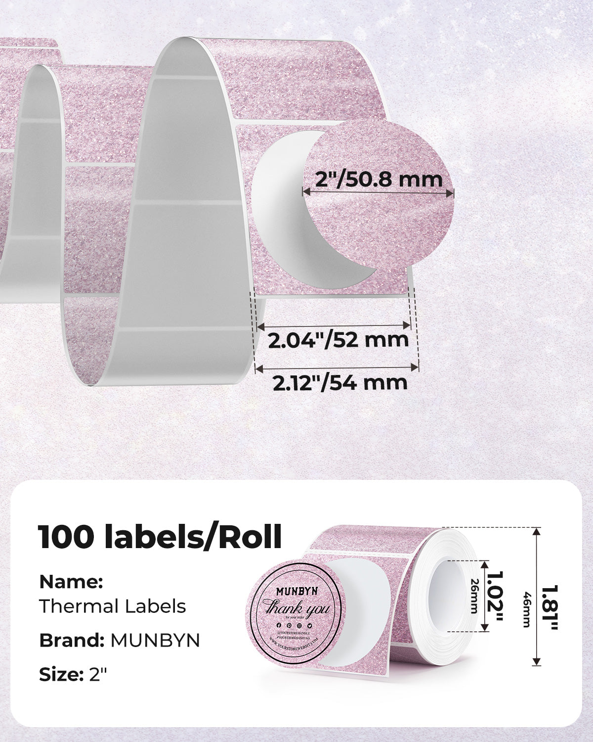 MUNBYN 2" Glitter Round Thermal Labels (100/Roll)