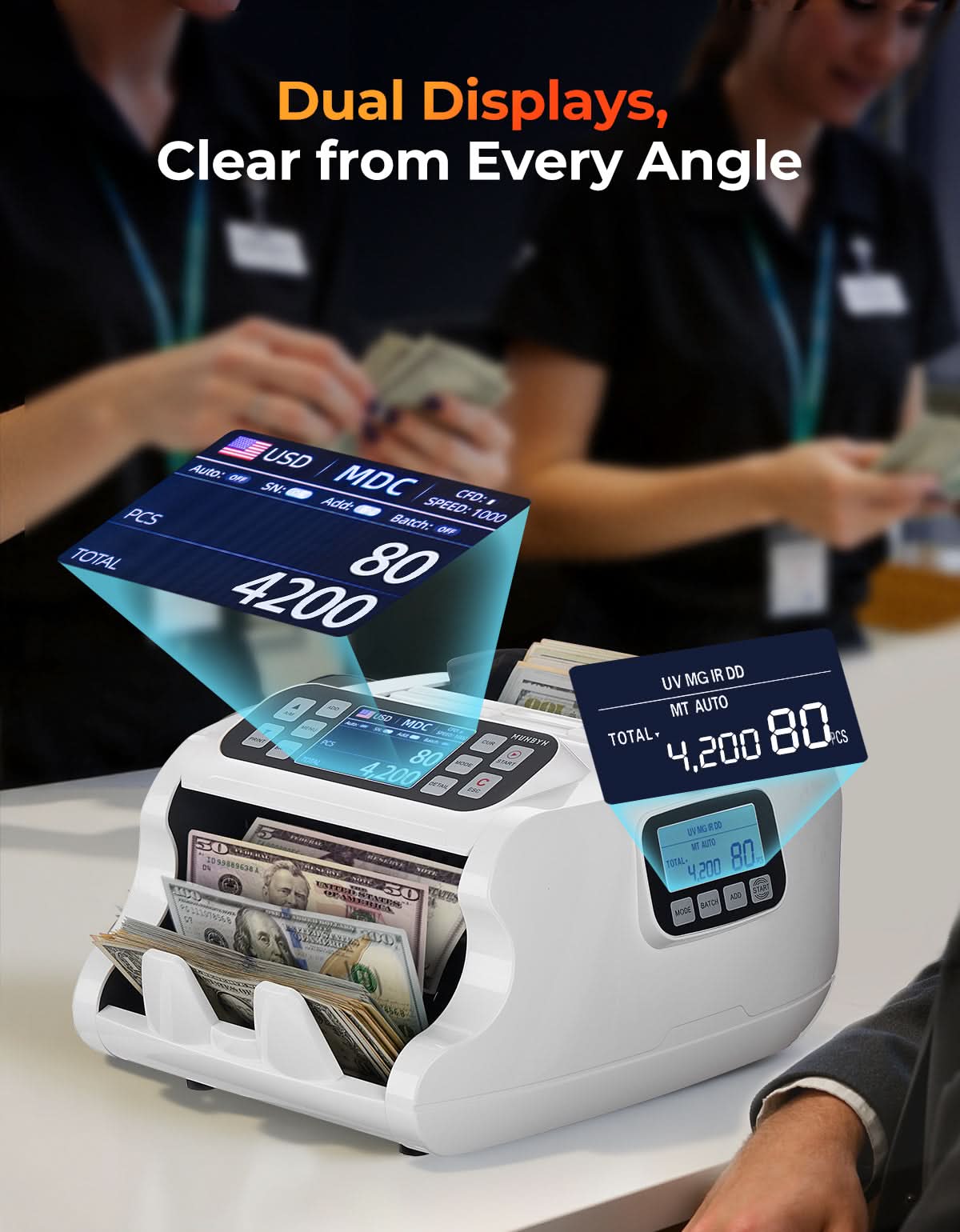 MUNBYN IMC22 Money Counter Machine with white finish, displaying bills being counted in a clear digital screen