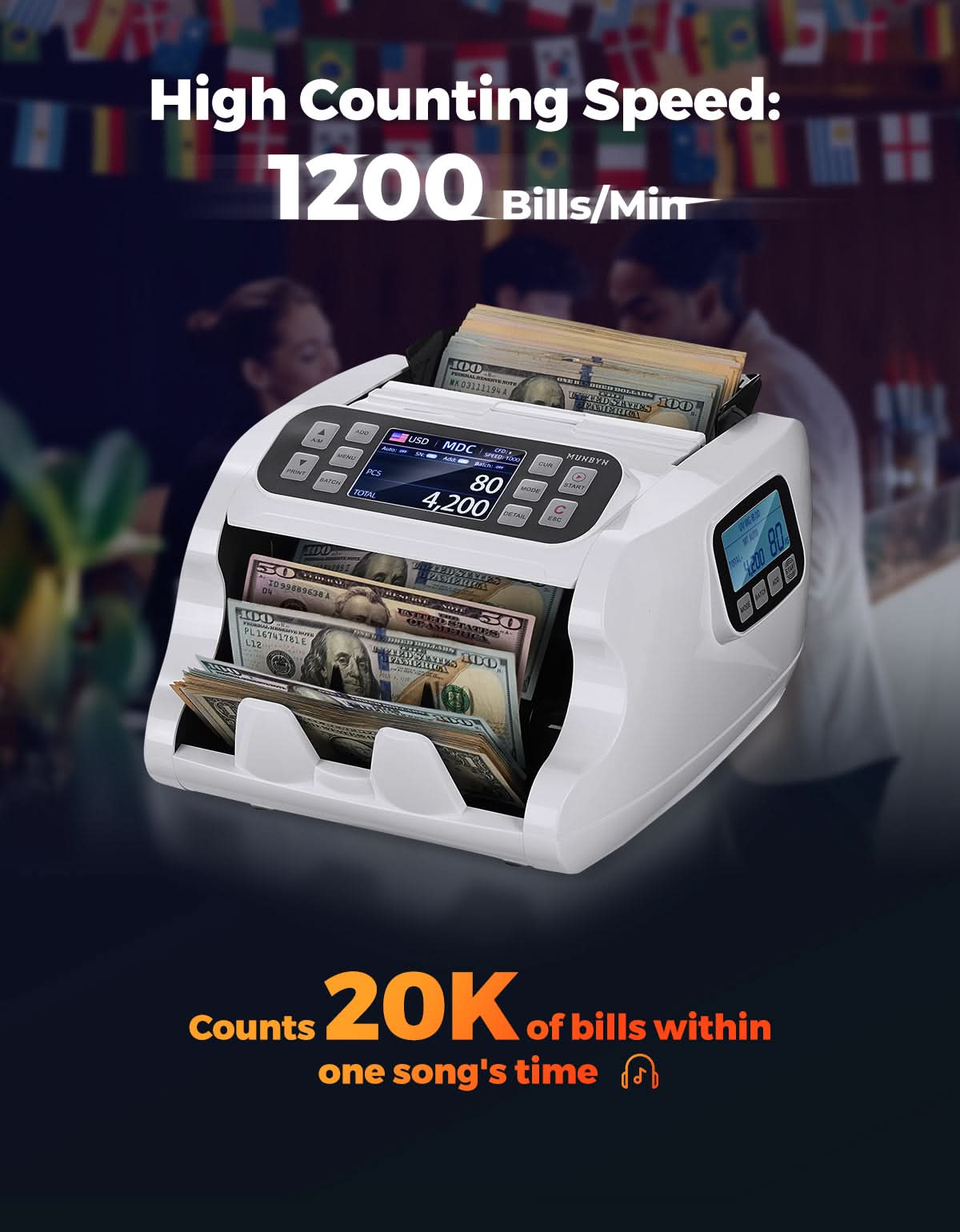 MUNBYN IMC22-WH money counter machine displaying bills being counted with digital display and keypad