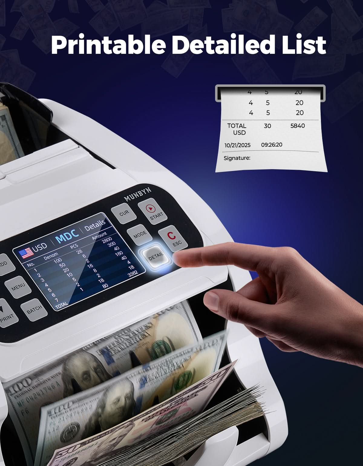 MUNBYN IMC22-WH money counter machine with digital display and cash counting features on a white background.