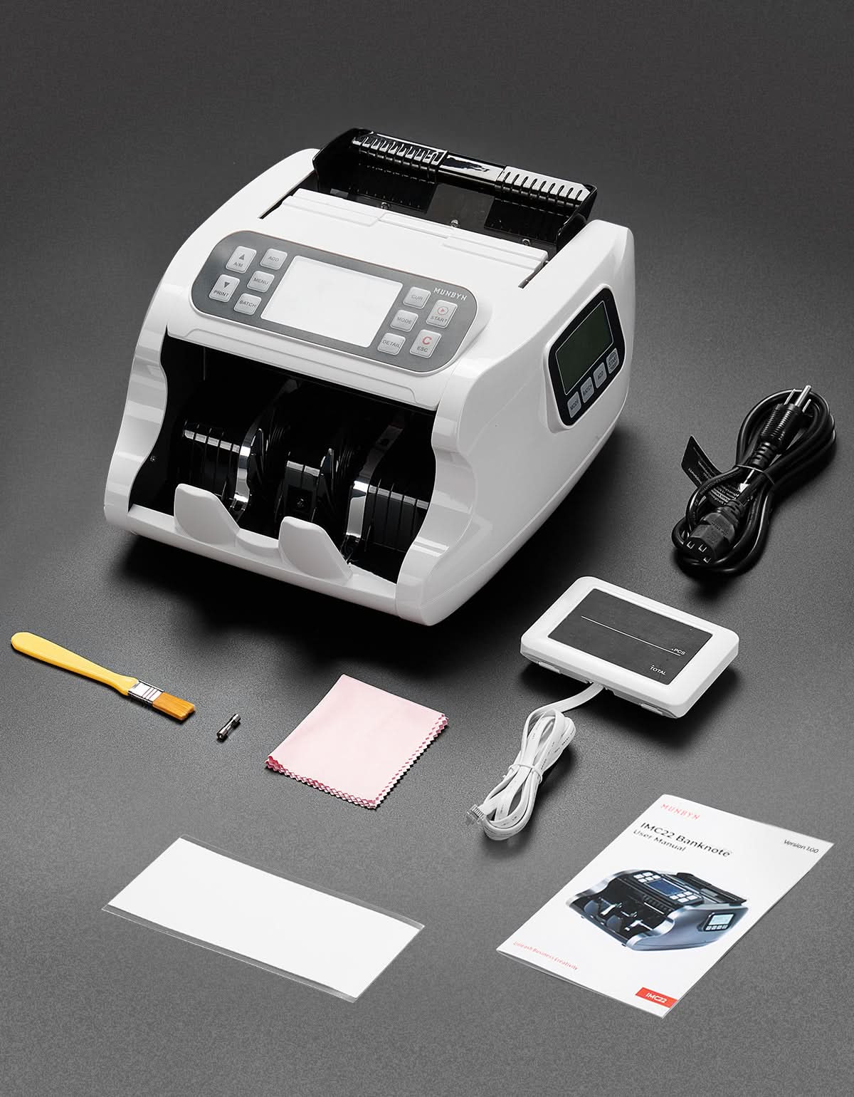 MUNBYN IMC22-WH money counter machine displaying bills being counted on its digital screen