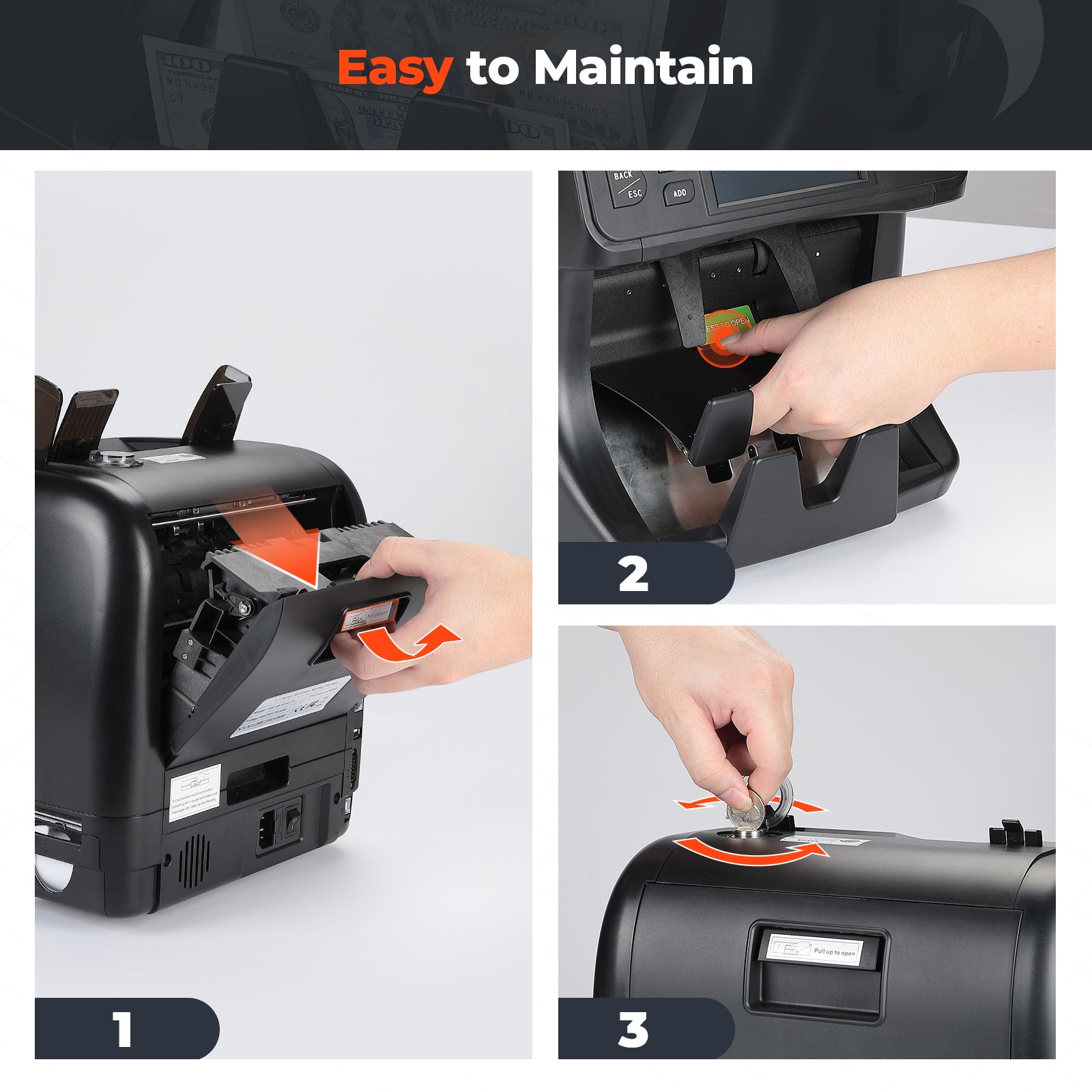 MUNBYN IMC40 black money counter machine with digital display and counting buttons, designed for efficient cash handling.