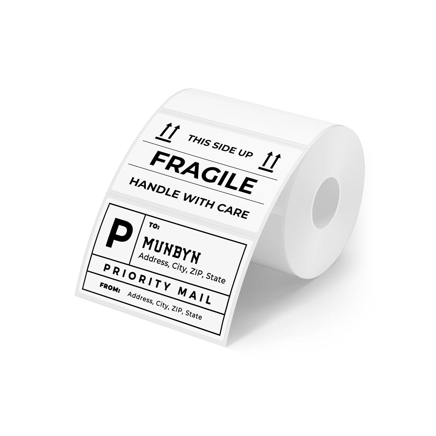 White 3x2 inch label printer paper from MUNBYN, shown in a roll for easy printing on generic label printer.