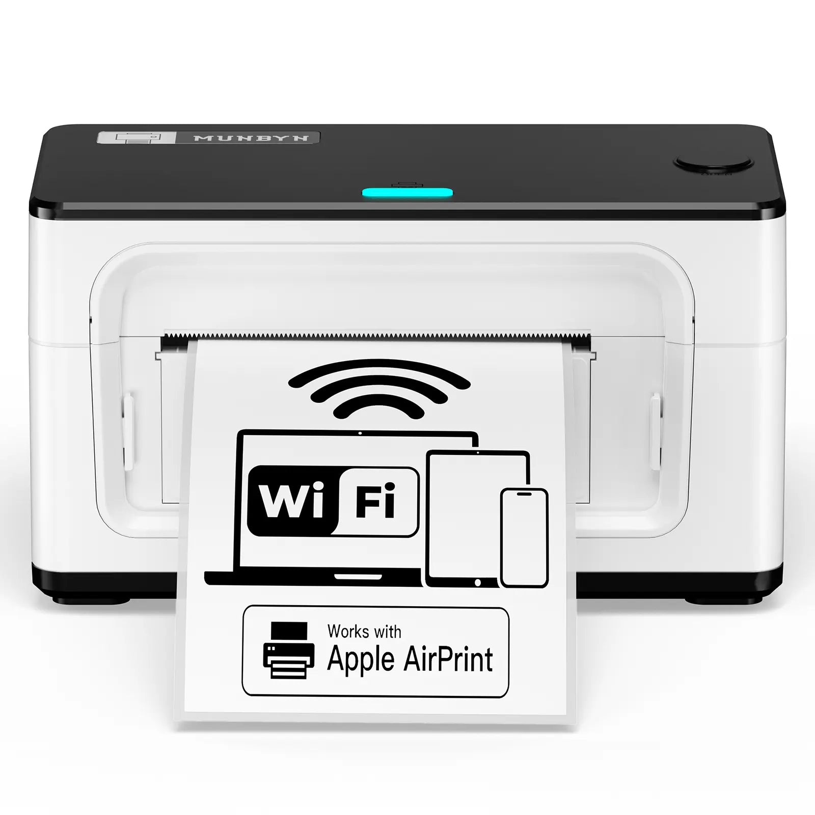 MUNBYN RealWriter 941AP thermal label printer with compact design and paper roll, ideal for shipping and barcode labels.