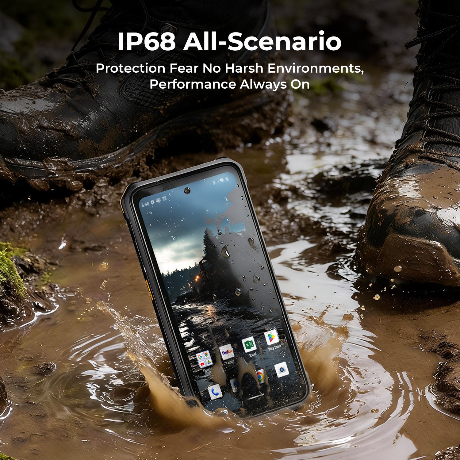 MUNBYN MT002 rugged cell phone with durable design, black exterior, and large screen, ideal for outdoor and tough environments.