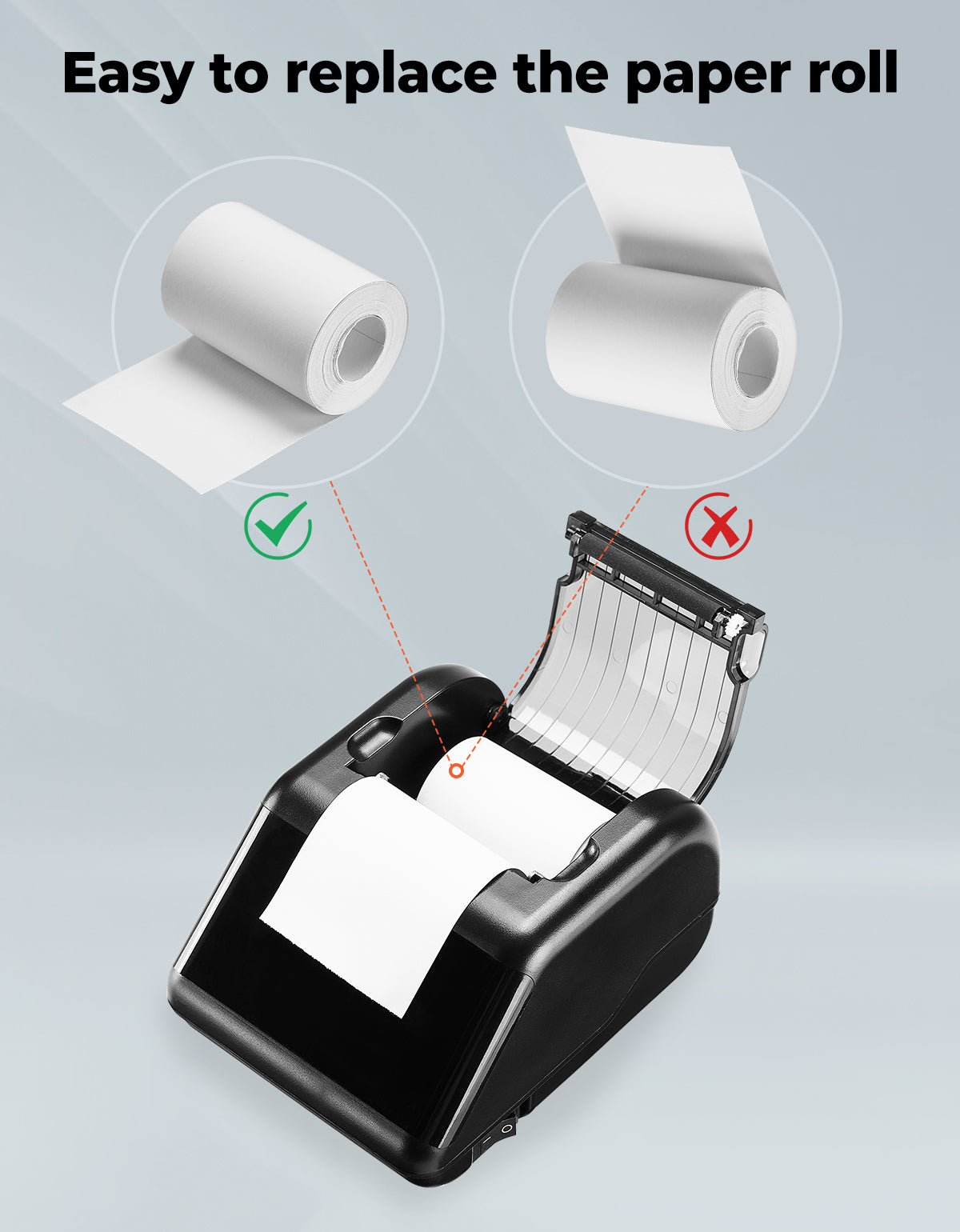MUNBYN P01 thermal receipt printer with paper roll and control buttons, compact design for POS and retail use