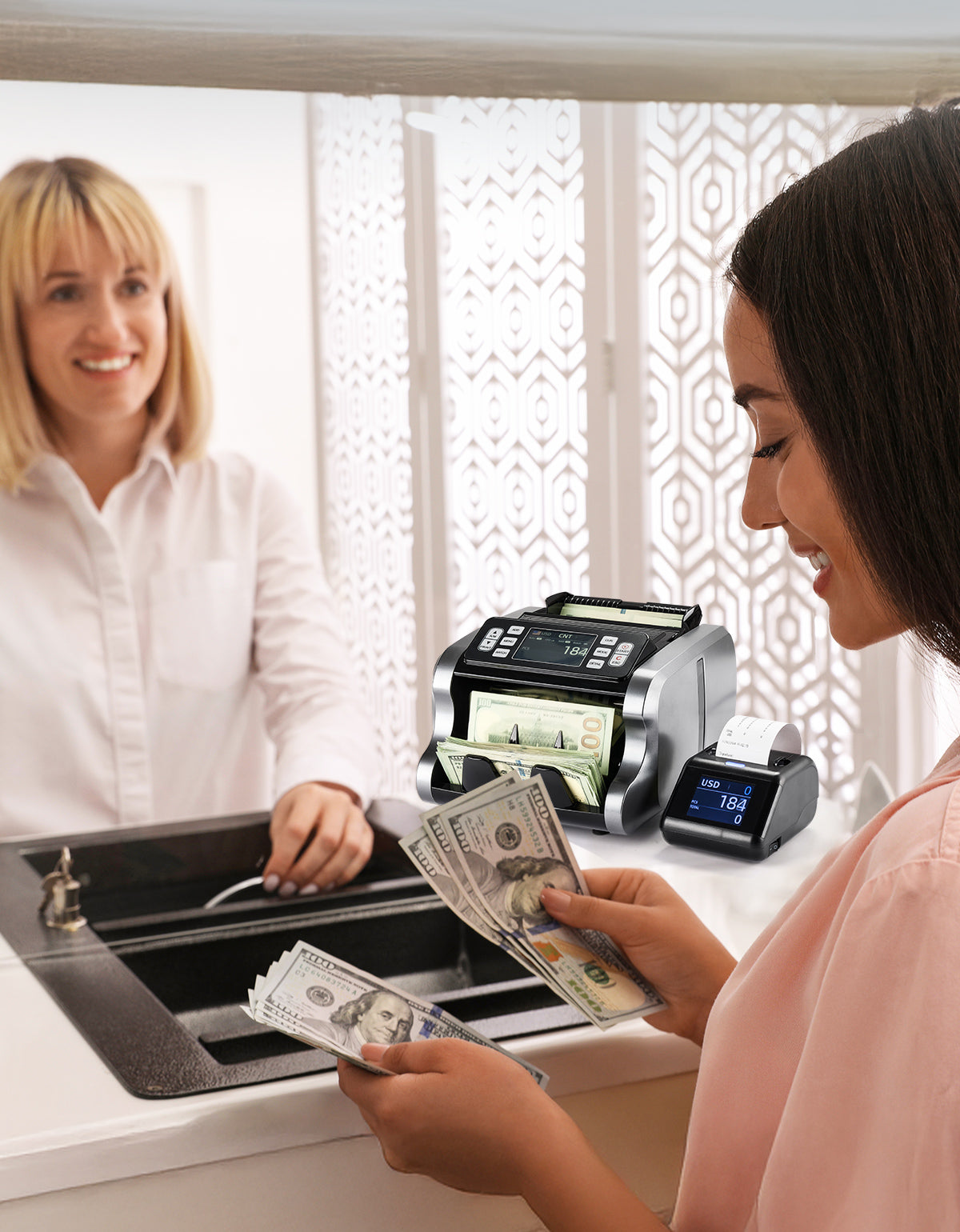 MUNBYN P01 thermal receipt printer with paper roll, compact design, and easy-loading mechanism for efficient printing.