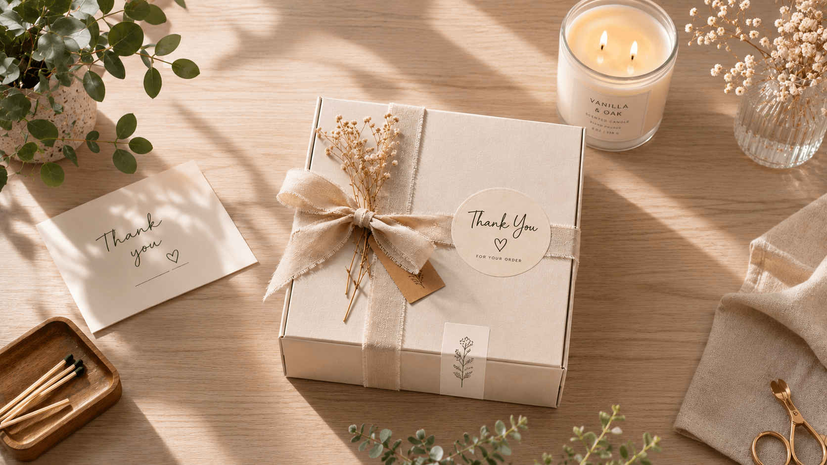gift box thank you label flatlay