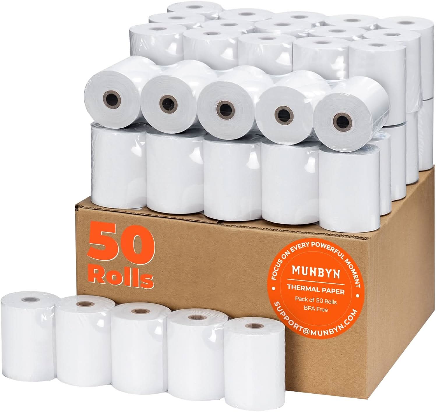 Thermal receipt paper roll from MUNBYN, showing white paper with perforated edges, used for printing receipts in point-of-sale systems.