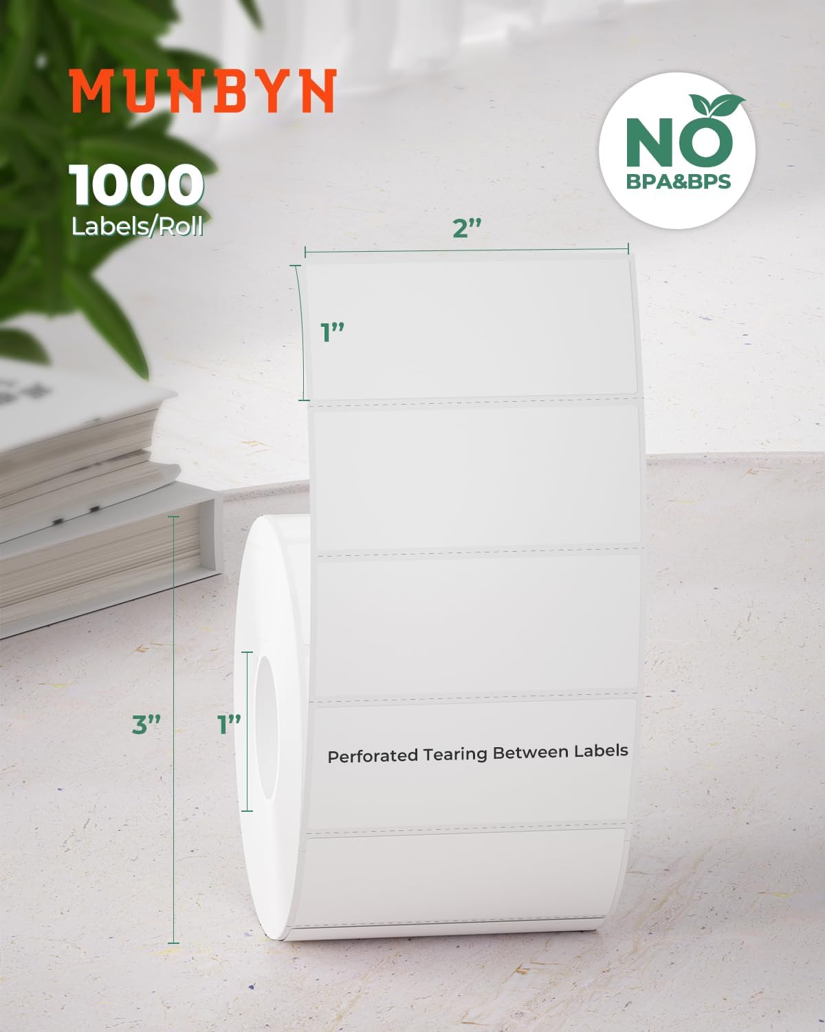 Two 2x1 inch rectangle labels printed on MUNBYN label printer paper, showing clean, adhesive-backed label sheets for office or shipping use.