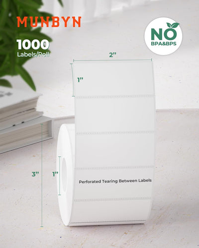 Two 2x1 inch rectangle labels printed on MUNBYN label printer paper, showing clean, adhesive-backed label sheets for office or shipping use.