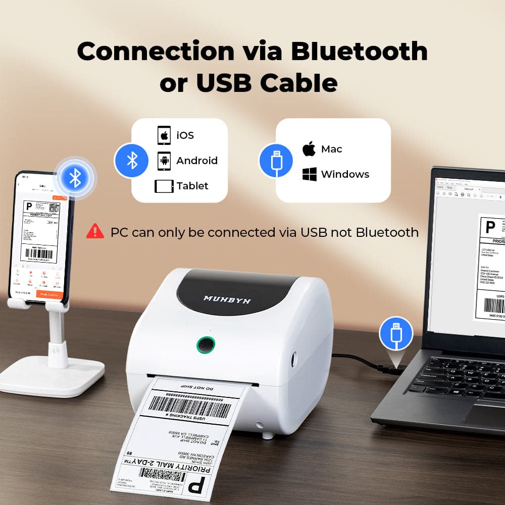 MUNBYN 411B Bluetooth label printer can connect to mobile devices via Bluetooth and to computers via USB.