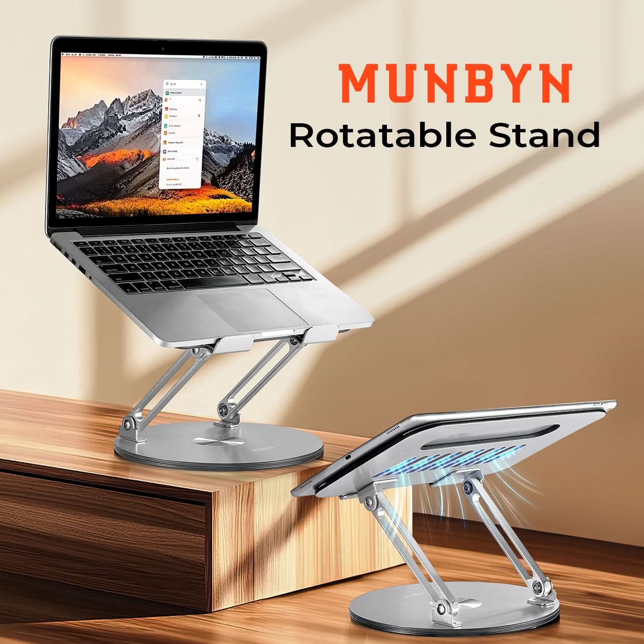 MUNBYN 360° rotating laptop stand in black, showing adjustable height and ergonomic design for comfortable workspace setup.