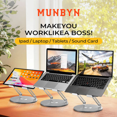MUNBYN 360° rotating laptop stand for improved ergonomics, featuring adjustable height and sturdy design for versatile use.