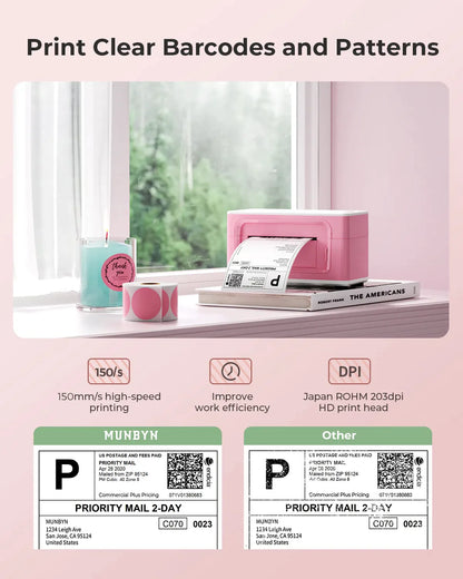 MUNBYN P941B Bluetooth thermal label printer is 203DPI and prints at the speed of 150mm/s.