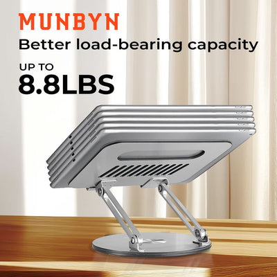 MUNBYN 360° rotating laptop stand with adjustable height for ergonomic workspace setup.