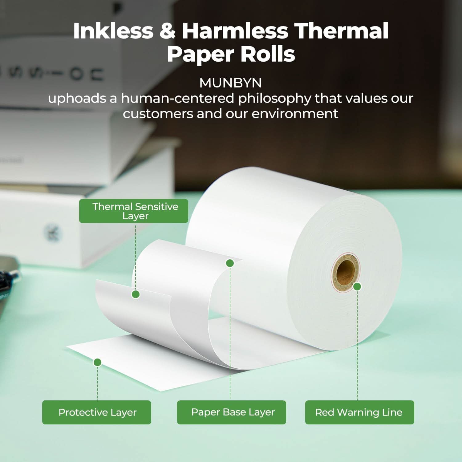 Thermal receipt paper roll from MUNBYN with white, smooth surface, designed for use with receipt printers.