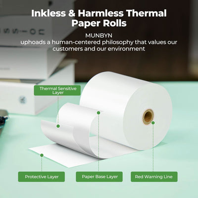 Thermal receipt paper roll from MUNBYN with white, smooth surface, designed for use with receipt printers.